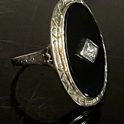 10K Two Tone Black Onyx Diamond Ring