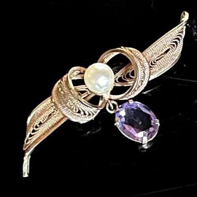 Winard 12GF Filigree Brooch with Genuine Cultured Pearl and Amethyst 