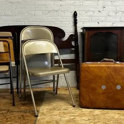 Salvage Furniture Group w/ Partial Vintage China Cabinet, Steel Chairs, Full Headboard, Suitcase