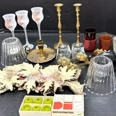 Candleholder Assortment With Tealights, Pottery, MCM And Brass