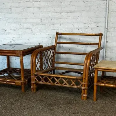 Ficks Reed Vintage Rattan Armchair, Glass Top End Table and Small Side Table