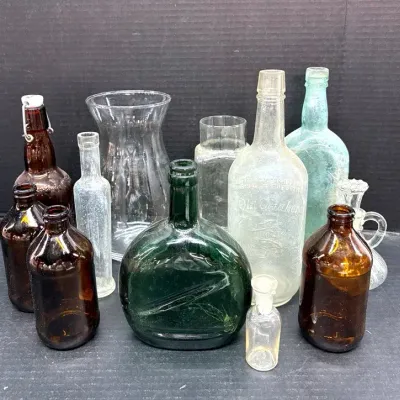 Vintage And Antique Bottles, Old Quaker Whiskey, Portugal Decanter And Beer Bottles,+