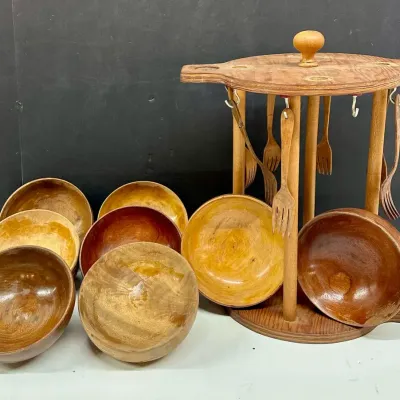 Wooden Salad Bowls Stacking W/ Caddy Stand