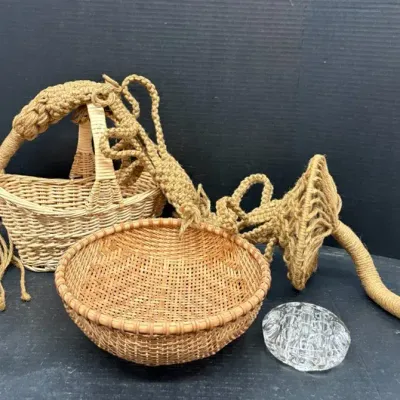 Vintage Jute Macrame Hanger With Baskets And Flower Frog 