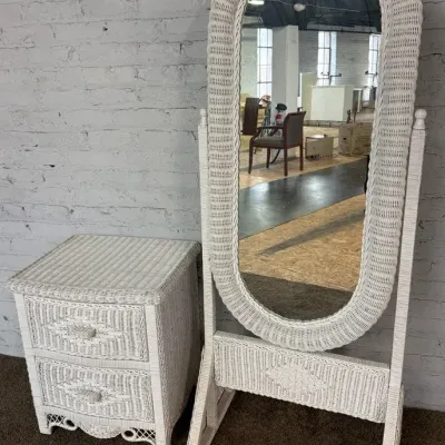 Vintage White Wicker Furniture W/ Side Table & Standing Floor Mirror