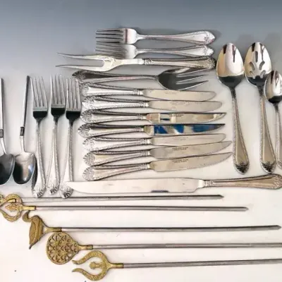 Reed&Barton Royal Brittania Stainless, MCM Arthur Salm Spoons And Brass And Stainless Skewers