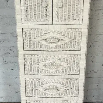 Vintage White Wicker Tallboy/Lingerie Chest With Flip-Top Mirrored Vanity