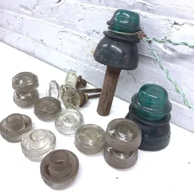 Antique Gould Glass Battery Rests (10) Insulators And Glass Doorknobs