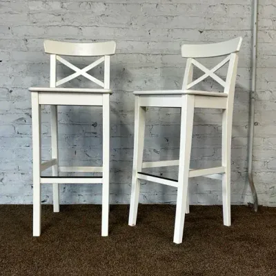 Pair of White-Painted Wood Stools