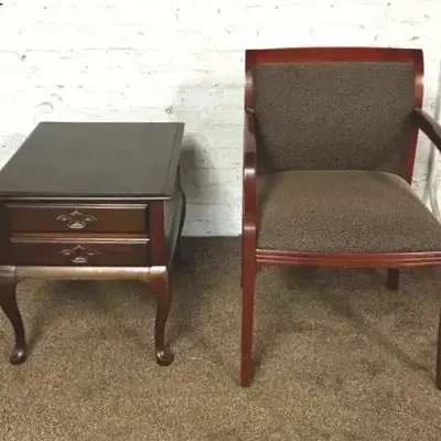 Queen Anne Style Walnut Side Table w/ Upholstered Wood Armchair