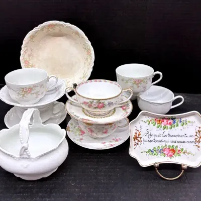 Vintage Limoges Porcelain Basket And Teacups With Alelier LeTallec Trinket Tray, +