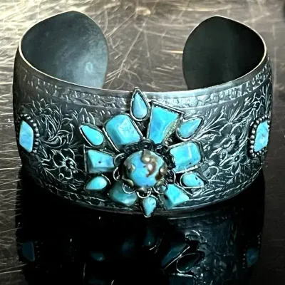 Victorian Revival Engraved Cuff with Faux Turquoise Cluster