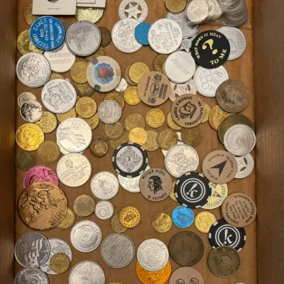 Collection Of Vintage Gaming Tokens, Poker Chips, Wooden Nickel And Other Tokens