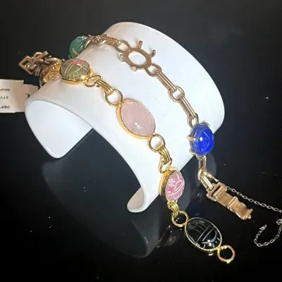 Goldtone Semiprecious Stone Scarab Bracelets, One “As is”