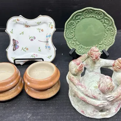 Art Pottery With Clay “Circle Of Friends” Candleholder, French Dishes With Ceramic Plates
