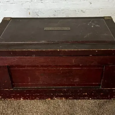 Late Victorian Handmade Brass-Edged Wood Carpenter's Chest w/ Nameplate "Jos. H. Heimbrock" c 1900