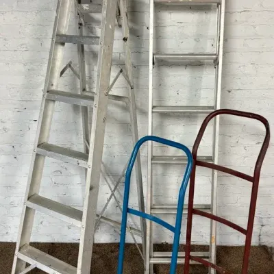 2 Vintage Dolly Hand Carts & 2 Ladders Including Cuprum 14-Foot Extension 