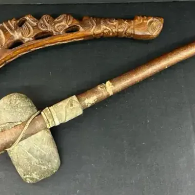 Replica Carved Wood Tlingit Club w/ Replica Neolithic Hammer
