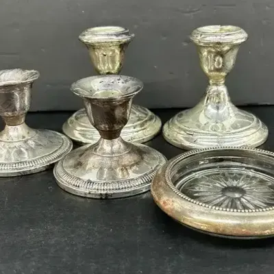 Weighted Sterling Silver Candlesticks w/ Silver-Rimmed Glass Coaster