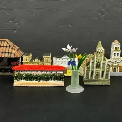 Handmade Colombian Ceramic Models of Missions & Art Glass Flowers