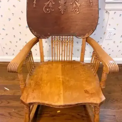 Antique Ornate Pressed Back Oak Rocking Chair 