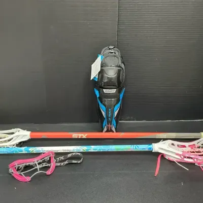 Two Lacrosse Sticks, Eye Guard, & Set of New-with-Tags Kneepads