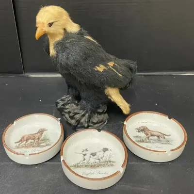 Vintage Real Fur Faux Taxidermy Bald Eagle, MCM Hunting Dog Ashtrays