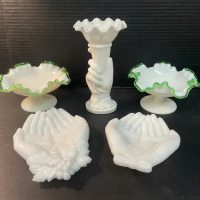Vintage Milk Glass - Hand Soap Dishes, Vase, Ruffle Top Pedestal Dishes