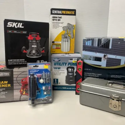 Various In-Box Power Tools, Tool Parts, Tool Box, & New-in-Box Outdoor Light