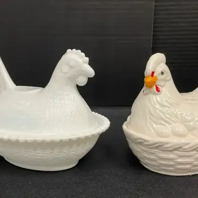 Vintage Milk Glass Hen on a Nest & Vintage Ceramic Hen on a Nest