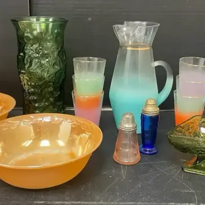 MCM Gradient Glass Pitcher & Cup Set, Vintage Colored Glassware