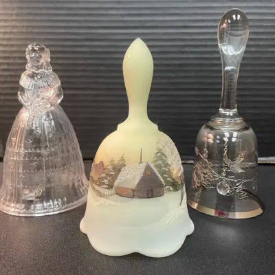Handpainted 1978 Fenton Glass Winter Scene Bell, Imperial Glass Dame Bell, Crystal & Silvertone Bell