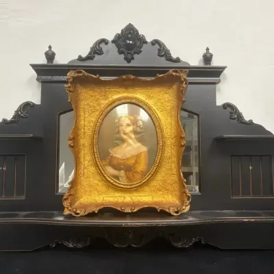 Wall-Mounted Shelf / Mirror and Oval Portrait with Gilded Frame