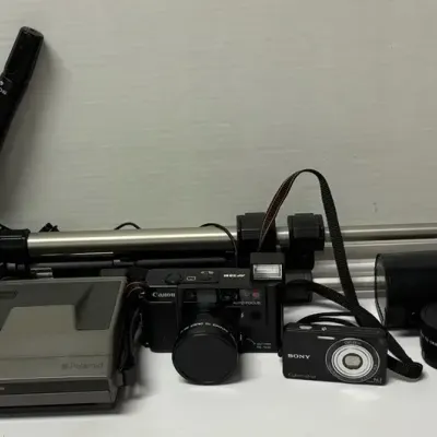 Vintage Polaroid Sun600 & Spectra System, Sony Remote Control Tripod, Canon AF35m, Sony cyber shot  