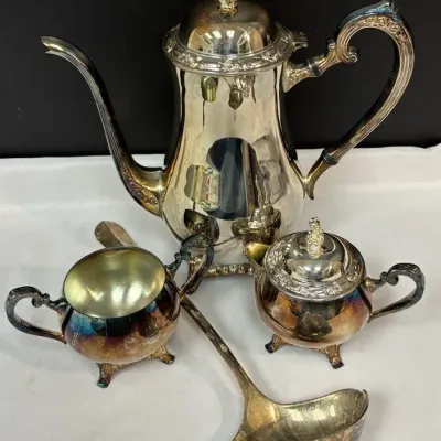 Oneida Silver Plate Coffee/Tea Pot, Creamer, Sugar Bowl, Royal Limited Silverplate Ladle