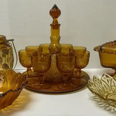Vintage Amber Glass - Decanter & Goblet Set, Lidded Candy Dish, Floral Bowls, & Vase