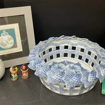 Asian Decor - White & Blue Lattice Ceramic Bowl, White Ceramic Vases, Figures, & Enamel Trinket Dish