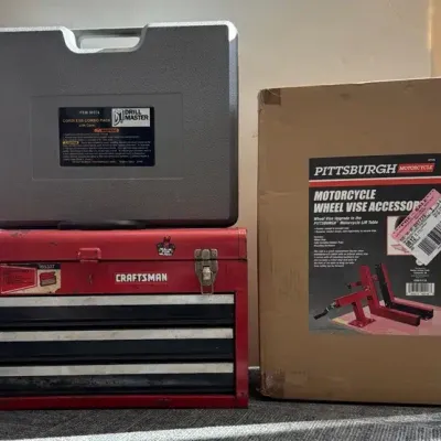 Pittsburg Motorcycle Wheel Vise Accessory-New, Craftsman Portable Tool Chest, Drill Master Cordless 