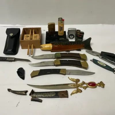 Various Vintage Knives & Lighters + Turkey Call & Arrowhead