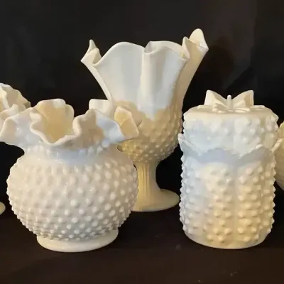 Hobnail Milk Glass Fenton Lidded Dish, Pedestal Dishes, Vases
