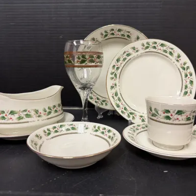 Royal Limited Holly Holiday Dinner Set with Matching Wine Glasses