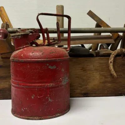 Wood Tool Box and Tools with Red Metal Safety Can