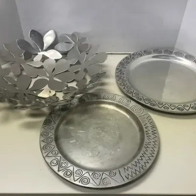Two Vintage Wilton Co. Vintage Metal Plates & Vintage Ikea Metal Floral Decorative Bowl