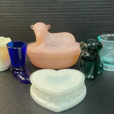 Degenhart Glass “Sheep on a Nest”, Dog, Boot, Cups, & Trinket Box / Imperial Glass Toothpick Holders