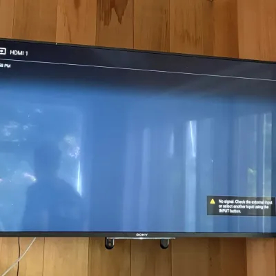 Sale Photo Thumbnail #157: Sony wall-mounted flat-screen television, shown powered on against wood paneling.