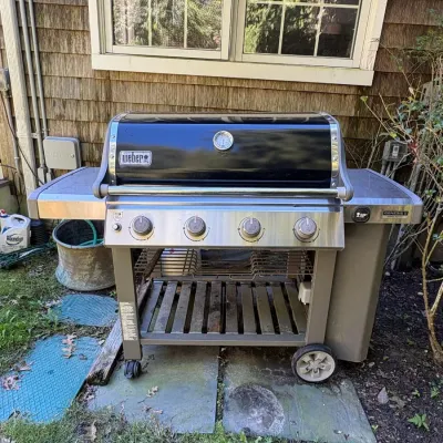 Weber Genesis II four-burner propane gas grill with stainless steel accents, side shelves, and an open cart design.