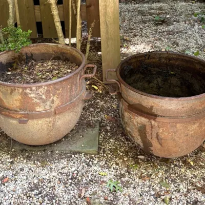 Sale Photo Thumbnail #151: Pair of large antique rusted iron wash kettles with side handles, suitable for garden planters.