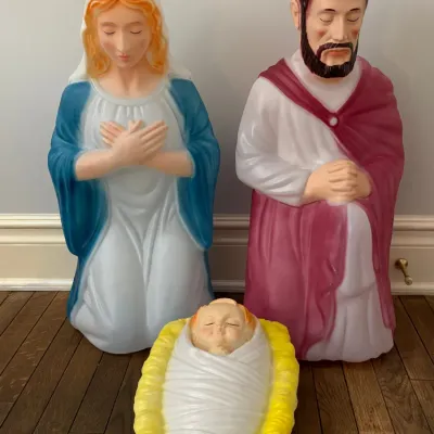 Three-piece vintage plastic blow mold Holy Family nativity set including Mary, Joseph, and Baby Jesus, featuring painted details and...