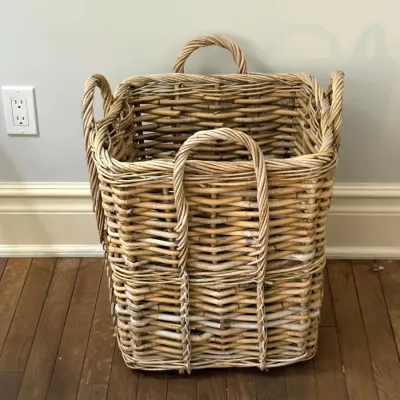 Sale Photo Thumbnail #110: Large square woven wicker basket featuring four integrated handles and a thick natural reed design.