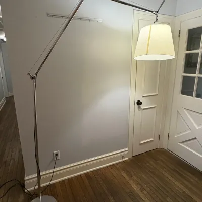 Modern Artemide-style Tolomeo Mega floor lamp featuring an adjustable chrome counterbalance arm and a large fabric shade.